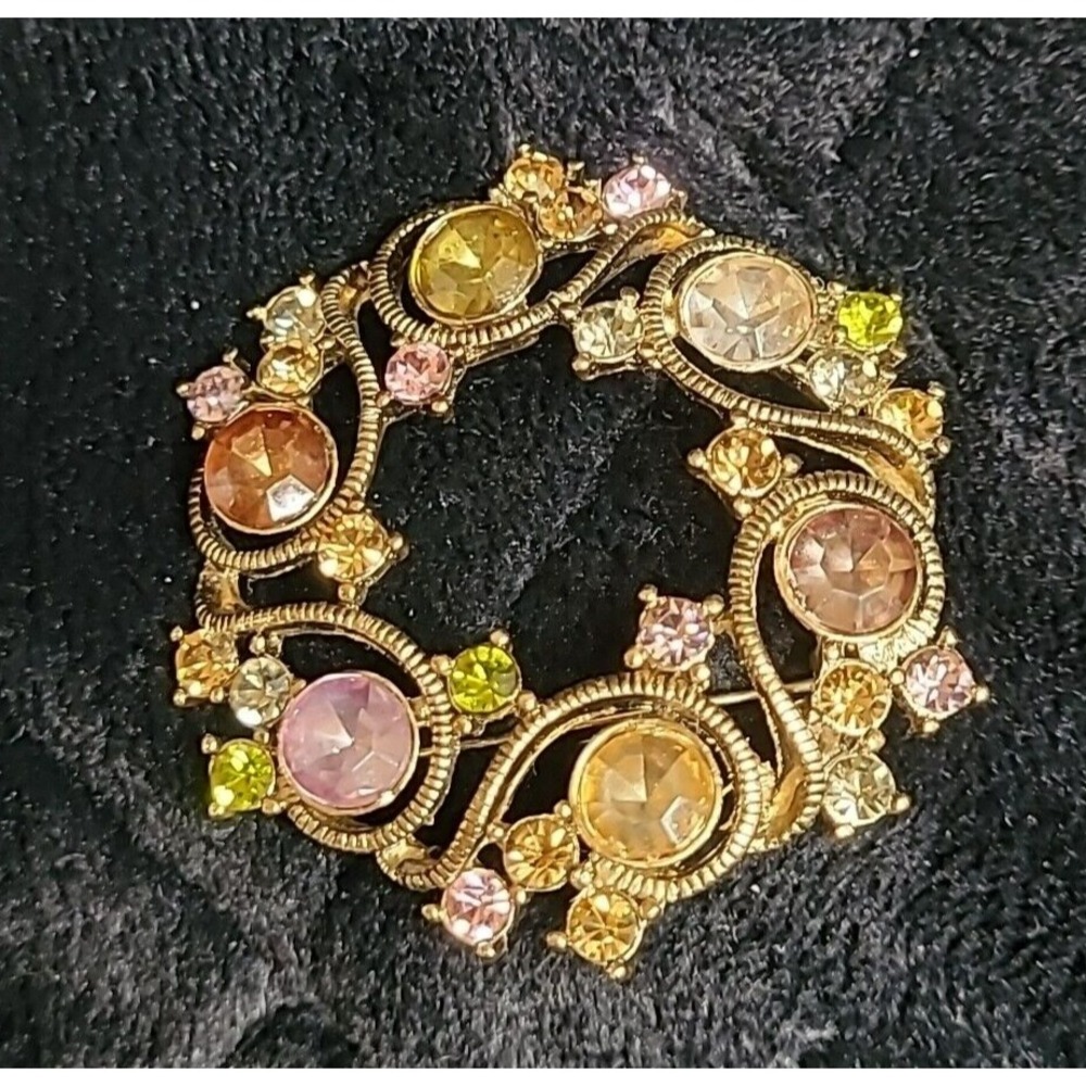 Monet Wreath Swirl Brooch Pin Gold-tone Rhinestones Vintage 1.75"
